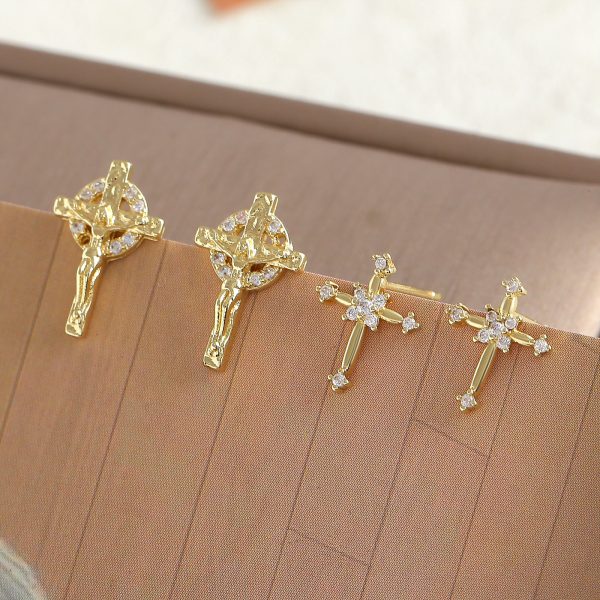 Timeless Cross Gold-Plated Zircon Stud Earrings - Image 3